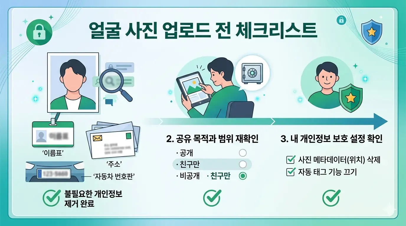 얼굴 사진 업로드 전 이름표, 주소, 차량번호판 같은 개인정보를 확인하는 체크리스트